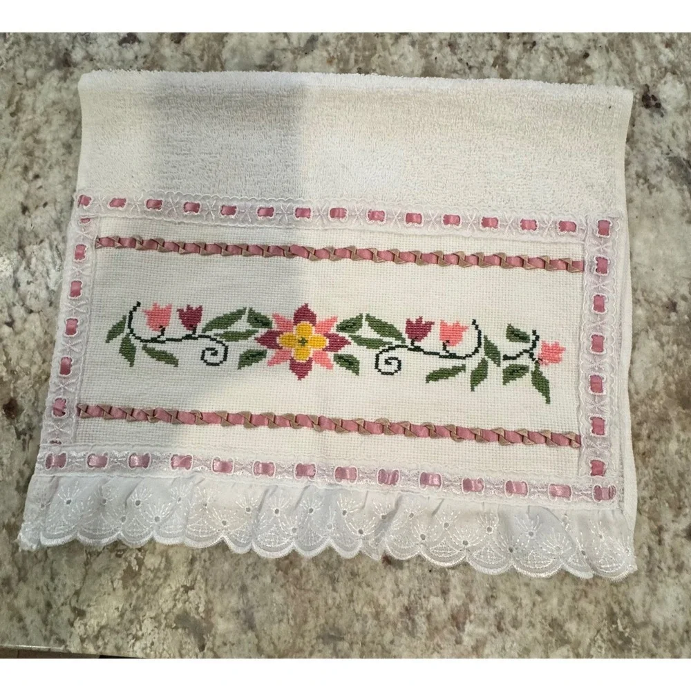 Hand Towel Embellished Cross Stitch Floral Pink Lace White Bathroom Guest Towel